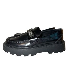ZARA Women Chunky Black Faux Patent Leather Rhinestone Loafers US 7.5 EU 38 NEW‎